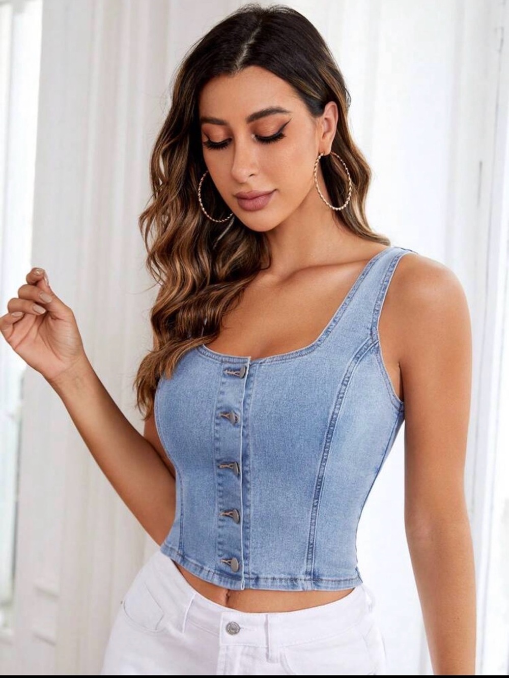 SHEIN Light Blue Denim Button-Front Cropped Tank